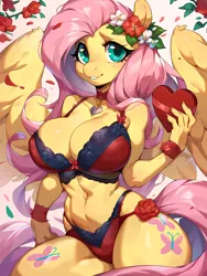 Size: 3072x4096 | Tagged: suggestive, ai content, derpibooru import, machine learning generated, stable diffusion, fluttershy, anthro, pegasus, adorasexy, big breasts, bra, breasts, busty fluttershy, clothes, cute, female, flower, flower in hair, generator:pony diffusion v6 xl, generator:purplesmart.ai, holiday, image, lingerie, panties, png, prompter:lerkyboy, sexy, shyabetes, solo, solo female, the quality of ai art is frightening, underwear, valentine, valentine's day