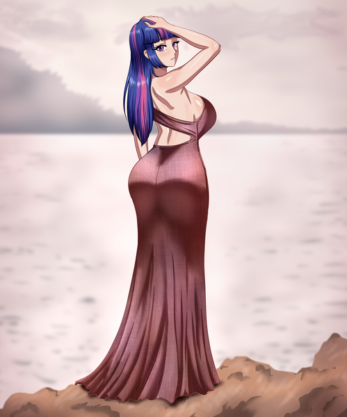 Size: 1704x2048 | Tagged: suggestive, artist:thebrokencog, derpibooru import, twilight sparkle, human, beautiful, beautisexy, big breasts, breasts, butt, clothes, cog's glamour girls, commission, dress, female, gloves, hand on head, humanized, image, large butt, long gloves, looking at you, looking back, looking back at you, ocean, png, raised arm, side view, sideboob, solo, solo female, sultry pose, water