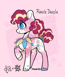 Size: 880x1036 | Tagged: safe, artist:beyhr, derpibooru import, oc, oc:razzle dazzle, earth pony, pony, coat markings, colored pupils, fusion, fusion:pinkie pie, hooves, image, multicolored hooves, pink background, png, raised hoof, signature, simple background, solo, unshorn fetlocks, wingding eyes