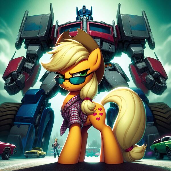 Size: 1024x1024 | Tagged: safe, ai content, derpibooru import, machine learning generated, applejack, anthro, earth pony, pony, anthro ponidox, badass, cool, crossover, duo focus, generator:dall-e 3, image, jpeg, looking at you, optimus prime, self ponidox, sunglasses, transformers, trio