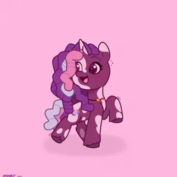 Size: 2480x2480 | Tagged: safe, artist:starburstuwu, derpibooru import, violette rainbow, pony, unicorn, g5, coat markings, cute, dreadlocks, female, filly, foal, high res, image, jewelry, jpeg, looking back, looking up, necklace, open mouth, open smile, pink background, pinto, raised hoof, simple background, smiling, solo, sparkles, sparkly eyes, turned head, violettebetes, vitiligo, wingding eyes