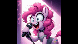Size: 1280x720 | Tagged: prompter needed, safe, ai content, derpibooru import, machine learning generated, pinkie pie, bracelet, choker, clothes, cover, crazy face, faic, generator:dall-e 3, image, microphone, ripped, ripped shirt, shirt, singing, spiked choker, spiked wristband, spotlight, stage, webm, wristband