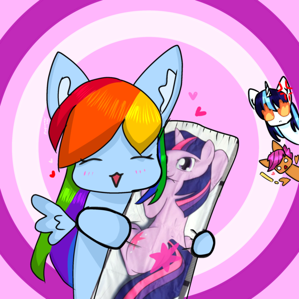 Size: 2048x2048 | Tagged: safe, artist:magicalmilo!, derpibooru import, rainbow dash, scootaloo, shining armor, twilight sparkle, pegasus, pony, unicorn, blushing, body pillow, cross-popping veins, emanata, exclamation point, female, filly, fire, flaming eyes, foal, heart, image, lesbian, male, mare, overprotective armor, png, shipping, sparkles, spread wings, stallion, twidash, unicorn twilight, wings