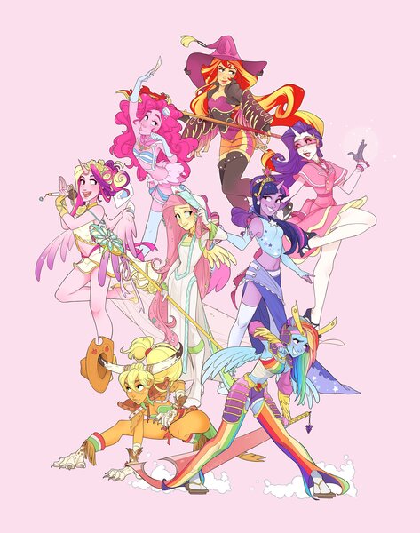 Size: 3154x4000 | Tagged: safe, artist:skirtzzz, derpibooru import, applejack, fluttershy, pinkie pie, princess cadance, rainbow dash, rarity, sunset shimmer, twilight sparkle, human, alternate mane seven, armpits, belly button, big crown thingy, clothes, crossover, dress, element of generosity, element of honesty, element of kindness, element of laughter, element of loyalty, element of magic, elements of harmony, female, final fantasy, final fantasy x-2, flower, flower in hair, g4, grin, hat, hood, horn, horned humanization, horns, humanized, image, jewelry, jpeg, mane six, microphone, midriff, open mouth, open smile, partial hem, paw gloves, paw socks, pink background, pony coloring, regalia, sandals, simple background, skirt, smiling, socks, solo, staff, sword, tongue out, visor, weapon, winged humanization, wings, witch hat