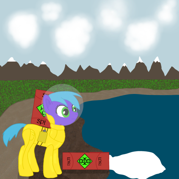 Size: 1700x1700 | Tagged: safe, artist:xada, derpibooru import, oc, earth pony, pony, barrel, blue mane, blue tail, cloud, cloudy, green eyes, hazmat suit, image, lake, mountain, mountain range, png, solo, tail, water