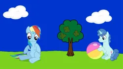 Size: 1073x601 | Tagged: safe, screencap, party favor, rainbow dash, pegasus, pony, unicorn, series:mlp animation's short films, series:piece of cake, ball, duo, hungry, image, jpeg