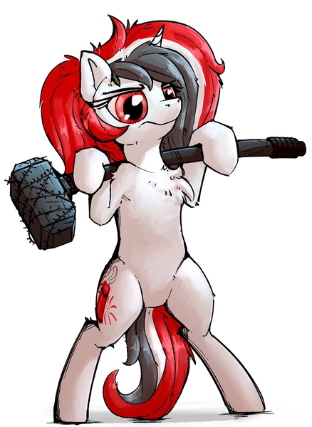 Size: 1000x1371 | Tagged: safe, artist:uteuk, derpibooru import, oc, oc:red rocket, unofficial characters only, semi-anthro, unicorn, angry, belly, bipedal, chest fluff, featureless crotch, female, hammer, image, jpeg, looking at you, simple background, solo, white background
