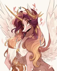 Size: 1762x2202 | Tagged: safe, artist:iheyyasyfox, derpibooru import, princess cadance, alicorn, pony, alternate design, bust, chest fluff, curved horn, female, floating heart, fluffy, heart, horn, image, jpeg, laurel, long hair, mare, signature, simple background, solo, spread wings, unshorn fetlocks, white background, wings