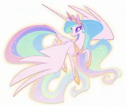 Size: 2665x2244 | Tagged: safe, artist:probablyfakeblonde, derpibooru import, princess celestia, alicorn, pony, female, g4, horn, image, jpeg, long horn, long mane, long tail, mare, simple background, smiling, solo, spread wings, tail, turned head, white background, wings