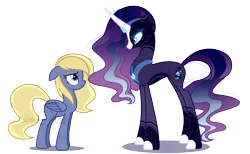 Size: 2133x1317 | Tagged: safe, artist:sinamuna, artist:stars-in-a-bottle, derpibooru import, oc, oc:elagora elegance, oc:whirlygig nightlight, unofficial characters only, pegasus, pony, unicorn, base used, blonde hair, blue hair, collaboration, duo, eye contact, gem, glare, horn, image, looking at each other, looking at someone, next gen crossover, next generation, parent:derpy hooves, parent:nightmare rarity, parent:princess luna, png, purple hair, simple background, striped mane, transparent background, wings