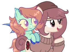 Size: 2140x1564 | Tagged: safe, artist:sinamuna, artist:strawberry-spritz, derpibooru import, oc, oc:pidge, oc:slitterbug, unofficial characters only, bat pony, earth pony, pony, base used, bat pony oc, bat wings, beanie, blushing, brown hair, brown mane, clothes, collaboration, cutie mark, duo, ear tufts, female, filly, foal, hat, image, png, simple background, smiling, sweater, transparent background, wings, younger