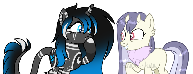 Size: 2408x928 | Tagged: safe, artist:catandcrowcreations, artist:sinamuna, derpibooru import, oc, oc:gillyflower, oc:lithium night, unofficial characters only, demon, demon pony, original species, pony, unicorn, base used, black hair, blue hair, body markings, collaboration, covering mouth, duo, grin, horns, image, leonine tail, neck fluff, png, purple hair, simple background, smiling, snickering, tail, transparent background