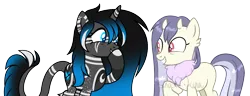 Size: 2408x928 | Tagged: safe, artist:catandcrowcreations, artist:sinamuna, derpibooru import, oc, oc:gillyflower, oc:lithium night, unofficial characters only, demon, demon pony, original species, pony, unicorn, base used, black hair, blue hair, body markings, collaboration, covering mouth, duo, grin, horns, image, leonine tail, neck fluff, png, purple hair, simple background, smiling, snickering, tail, transparent background