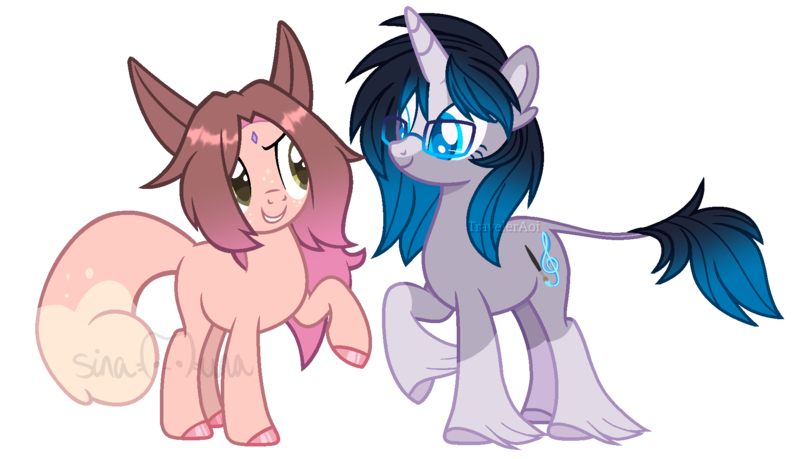 Size: 1841x1057 | Tagged: safe, artist:sinamuna, artist:traveleraoi, derpibooru import, oc, oc:cinnamon fawn, oc:sapphire belle, unofficial characters only, clydesdale, pony, unicorn, base used, best friends, black hair, blue eyes, blue hair, brown hair, chinchilla pony, duo, eye contact, fluffy tail, glasses, hazel eyes, image, leonine tail, looking at each other, looking at someone, pink hair, png, simple background, smiling, tail, transparent background, unshorn fetlocks