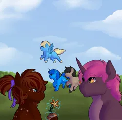Size: 2048x2013 | Tagged: safe, artist:evesartspot124, derpibooru import, oc, oc:"d", oc:cinnamon spice, oc:comet shard, oc:fruitsallad, oc:sky, unofficial characters only, earth pony, pegasus, pony, unicorn, aura, black mane, blonde, blue pony, blush lines, blushing, bow, brown mane, brown pony, cloud, earth pony magic, eye clipping through hair, eyebrows, eyebrows visible through hair, eyes closed, flower, flying, grass, hair bow, image, jpeg, looking at each other, looking at someone, looking at something, looking down, magic, magic aura, open mouth, pink mane, raised hoof, running, sky, smiling, spread wings, walking, wings