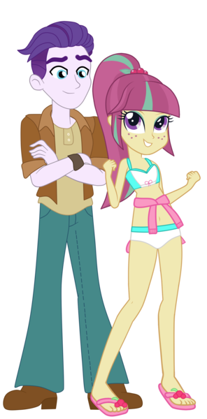 Size: 1424x2883 | Tagged: safe, artist:ajosterio, artist:gmaplay, derpibooru import, edit, vector edit, dirk thistleweed, sour sweet, human, equestria girls, bare shoulders, belly button, bikini, bikini bottom, bikini top, clothes, cute, duo, duo male and female, feet, female, freckles, g4, image, jacket, legs, long sleeves, looking up, male, midriff, png, ponytail, ship:sourweed, shipping, simple background, sleeveless, smiling, sourbetes, straight, swimsuit, transparent background, vector