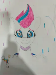 Size: 3000x4000 | Tagged: safe, derpibooru import, zipp storm, pegasus, g5, my little pony: a new generation, my little pony: tell your tale, adorazipp, crayon drawing, cute, image, jpeg, looking at you, shadow, smiling, smiling at you, sparkly eyes, traditional art, watermark, wingding eyes