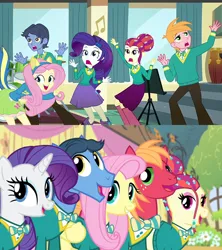 Size: 1280x1440 | Tagged: safe, derpibooru import, edit, edited screencap, editor:incredibubbleirishguy, screencap, big macintosh, fluttershy, rarity, toe-tapper, torch song, earth pony, human, pegasus, pony, unicorn, eqg summertime shorts, equestria girls, filli vanilli, steps of pep, alto, comparison, flutterguy, group, image, musical instrument, png, ponytones, ponytones outfit, quintet, soprano, tenor, wondertones