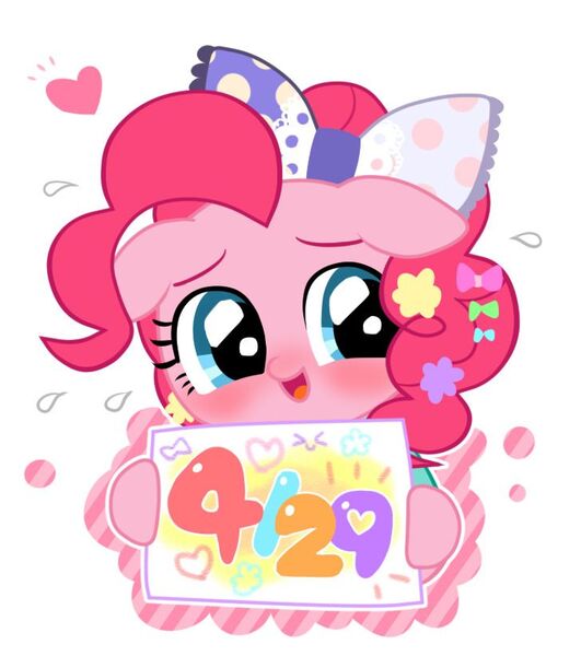 Size: 728x822 | Tagged: safe, artist:momo, derpibooru import, pinkie pie, blushing, bow, hair bow, hairclip, harajuku, holding sign, image, jpeg, sweat