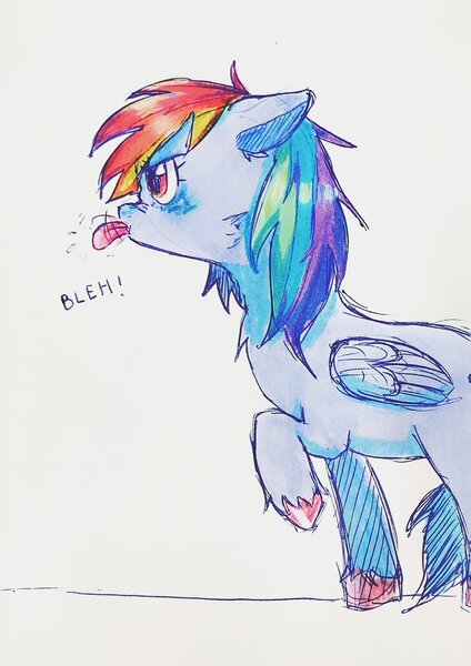 Size: 1446x2048 | Tagged: safe, artist:kinokoo_san, derpibooru import, rainbow dash, pegasus, pony, :p, bleh, floppy ears, image, jpeg, raised hoof, raspberry, simple background, solo, tongue out, traditional art, white background