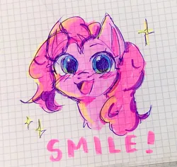 Size: 1733x1639 | Tagged: safe, artist:kinokoo_san, derpibooru import, pinkie pie, earth pony, pony, bust, colored sketch, graph paper, image, jpeg, open mouth, open smile, sketch, smiling, solo, sparkles, traditional art