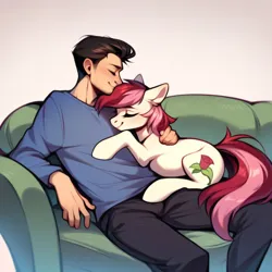 Size: 1024x1024 | Tagged: safe, ai content, derpibooru import, machine learning generated, prompter:doom9454, stable diffusion, roseluck, human, pony, behaving like a cat, cute, eyes closed, generator:pony diffusion v6 xl, image, jpeg, petting, pony pet, rosepet