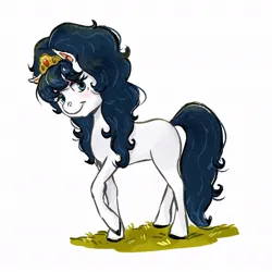 Size: 1080x1080 | Tagged: safe, artist:samyerdini, derpibooru import, horse, pony, bedroom eyes, female, filly, foal, grass, ico the brave little horse, image, jpeg, looking at you, preciosa, raised hoof, simple background, smiling, solo, white background