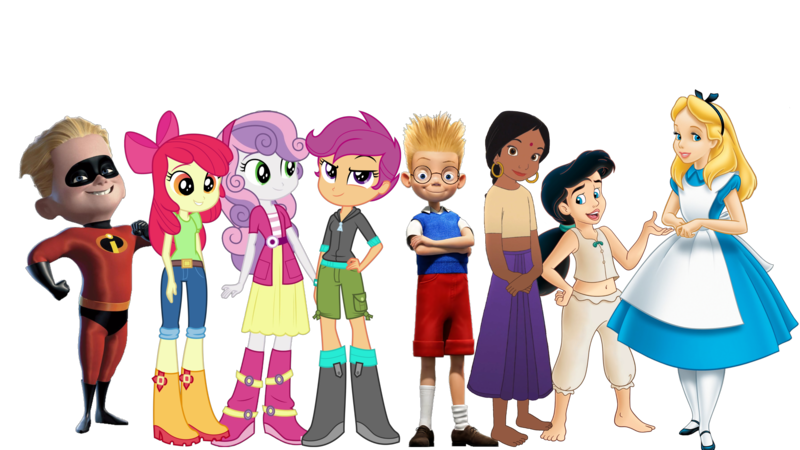 Size: 3750x2110 | Tagged: safe, artist:cutler1228, derpibooru import, edit, edited screencap, screencap, apple bloom, melody, scootaloo, sweetie belle, bee, insect, equestria girls, g1, alice, alice in wonderland, background removed, bumblebee, dash parr, female, g4, image, lewis robinson, meet the robinsons, not a vector, png, shanti, simple background, solo, the incredibles, the jungle book, the little mermaid, transparent background