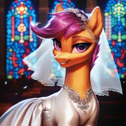 Size: 1024x1024 | Tagged: safe, ai content, derpibooru import, machine learning generated, prompter:maresforever, stable diffusion, scootaloo, pegasus, pony, church, clothes, dress, g4, generator:purplesmart.ai, image, looking at you, older, older scootaloo, png, solo, wedding dress, wedding veil