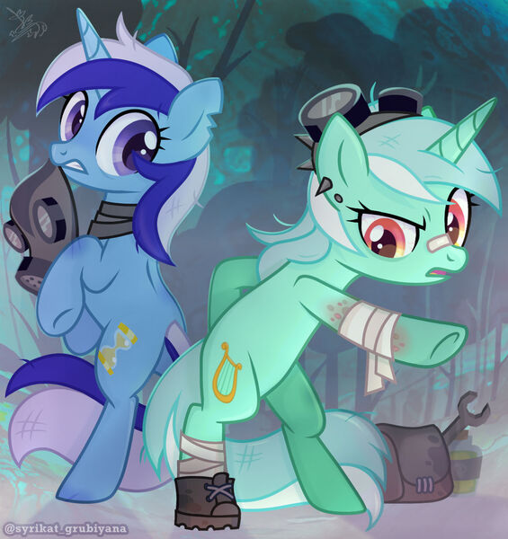 Size: 1280x1359 | Tagged: safe, artist:syrikatsyriskater, derpibooru import, lyra heartstrings, minuette, pony, unicorn, alternate universe, bag, bandage, bandaid, bandaid on nose, bipedal, boots, bottle, clothes, duo, duo female, ear piercing, earring, female, gas mask, goggles, goggles on head, gritted teeth, image, infection, jewelry, jpeg, mask, open mouth, piercing, scar, scared, scarf, shoes, teeth, torn ear, tree, virus, wrench