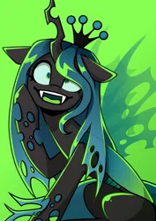 Size: 2894x4093 | Tagged: safe, artist:jellysketch, derpibooru import, queen chrysalis, changeling, changeling queen, cross-eyed, derp, fangs, female, g4, image, looking at you, open mouth, open smile, png, smiling, solo