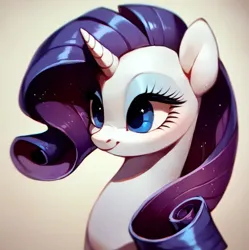 Size: 920x922 | Tagged: safe, ai content, derpibooru import, machine learning assisted, machine learning generated, stable diffusion, rarity, pony, unicorn, blue eyes, blushing, cute, eyeshadow, g4, generator:purplesmart.ai, happy, image, light, long hair, makeup, png, prompter:saltyvity, purple hair, purple mane, simple background, smiley face, smiling, solo, sparkles