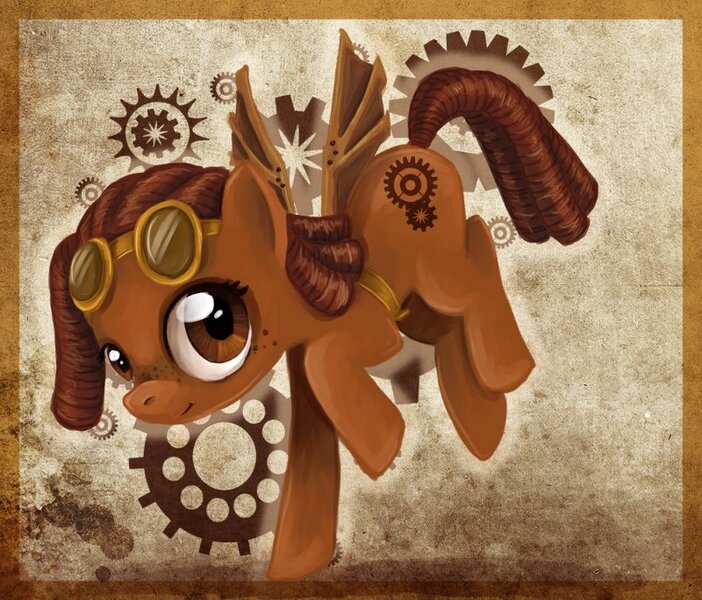 Size: 800x684 | Tagged: safe, artist:tite-pao, derpibooru import, oc, oc:ramonacogwright, earth pony, artificial wings, augmented, brown eyes, brown fur, dreadlocks, female, flying, goggles, goggles on head, image, jpeg, looking at you, mechanical wing, smiling, smiling at you, solo, solo female, solo focus, steampunk, wings