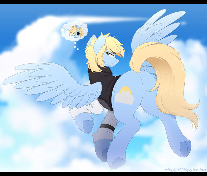 Size: 2000x1700 | Tagged: safe, artist:higgly-chan, derpibooru import, oc, oc:blue skies, unofficial characters only, pegasus, pony, butt, button-up shirt, chibi, clothes, cloud, dress shirt, eyepatch, flying, image, looking at you, looking back, looking back at you, male, plot, png, profile, raised hoof, rear view, shirt, sky, solo, spread wings, stallion, thought bubble, vest, wings
