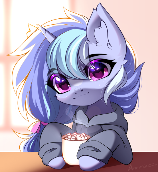 Size: 1165x1262 | Tagged: safe, alternate version, artist:airiniblock, derpibooru import, oc, unofficial characters only, pony, unicorn, alternate character, chocolate, clothes, commission, cute, ear fluff, food, heart, heart eyes, horn, hot chocolate, icon, image, marshmallow, morning, png, solo, unicorn oc, wingding eyes, ych result