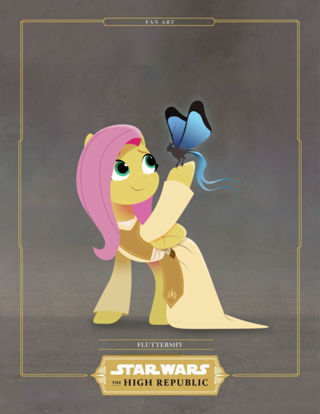 Size: 2552x3300 | Tagged: safe, artist:prixy05, derpibooru import, fluttershy, butterfly, insect, pegasus, pony, carrier butterfly, female, gray background, image, jedi, lightsaber, lineless, mare, png, simple background, solo, star wars, star wars: the high republic, weapon
