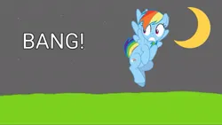 Size: 1079x607 | Tagged: safe, screencap, rainbow dash, pegasus, pony, series:bump in the night, series:mlp animation's short films, image, jpeg, onomatopoeia, scared, solo