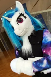 Size: 1012x1536 | Tagged: safe, artist:essorille, derpibooru import, vinyl scratch, unicorn, clothes, crossed arms, fursuit, galacon 2022, image, irl, jpeg, looking at you, photo, ponysuit, solo