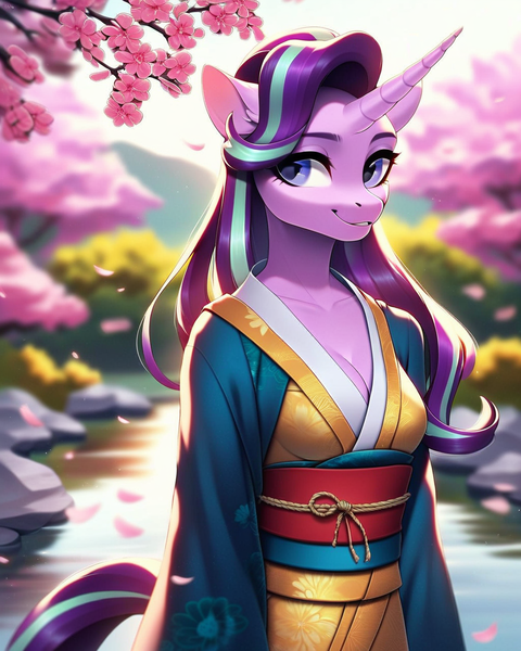 Size: 1024x1280 | Tagged: suggestive, ai content, derpibooru import, machine learning generated, prompter:the darkness, stable diffusion, starlight glimmer, anthro, unicorn, clothes, generator:pony diffusion v6 xl, generator:purplesmart.ai, image, kimono (clothing), png