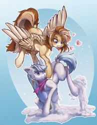 Size: 2400x3100 | Tagged: safe, artist:kirby_orange, derpibooru import, double diamond, oc, unofficial characters only, pegasus, pony, chest fluff, cute, duo, duo focus, ear fluff, female, fluffy, gradient background, high res, holiday, image, jpeg, looking at each other, looking at someone, male, pegasus oc, pony oc, simple background, snow, snowflake, two toned mane, valentine's day, wings