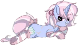 Size: 863x504 | Tagged: safe, artist:nyansockz, derpibooru import, oc, oc:sweet tooth, unofficial characters only, unicorn, clothes, horn, image, looking at you, lying down, png, simple background, smug, socks, transparent background, unicorn oc