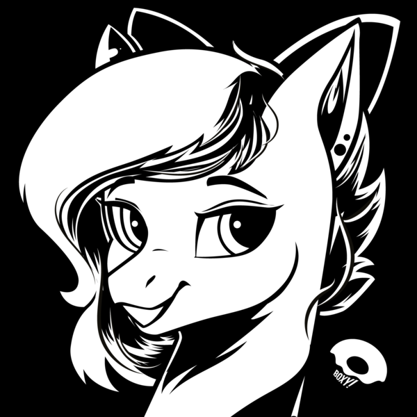 Size: 1800x1800 | Tagged: safe, artist:poxy_boxy, derpibooru import, oc, unofficial characters only, pony, black and white, bow, ear piercing, earring, grayscale, hair bow, image, jewelry, monochrome, piercing, png, signature, smiling, solo, vector