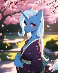 Size: 1024x1280 | Tagged: suggestive, ai content, derpibooru import, machine learning generated, prompter:the darkness, stable diffusion, trixie, anthro, unicorn, breasts, clothes, generator:pony diffusion v6 xl, generator:purplesmart.ai, image, kimono (clothing), png