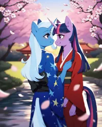 Size: 1024x1280 | Tagged: suggestive, ai content, derpibooru import, machine learning generated, prompter:the darkness, stable diffusion, trixie, twilight sparkle, anthro, unicorn, clothes, female, generator:pony diffusion v6 xl, generator:purplesmart.ai, image, kimono (clothing), lesbian, png, ship:twixie, shipping