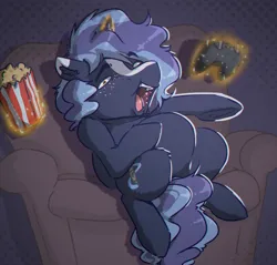 Size: 2244x2144 | Tagged: safe, artist:witchtaunter, derpibooru import, oc, oc:witching hour, pony, unicorn, chair, controller, couch, faic, fat, food, image, laughing, magic, male, png, popcorn, sitting, stallion