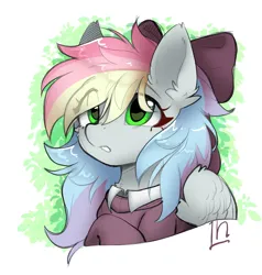 Size: 4393x4614 | Tagged: safe, artist:lunylin, derpibooru import, oc, oc:blazey sketch, unofficial characters only, pegasus, bow, bust, clothes, green eyes, hair bow, image, multicolored hair, png, portrait, simple background, solo, sweater