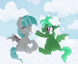 Size: 1206x996 | Tagged: safe, artist:sparjechkaa, derpibooru import, oc, oc:malachite cluster, oc:poni, bat pony, bat pony oc, bat wings, boop, cloud, commission, image, png, smiling, spread wings, wings, ych result