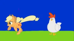 Size: 1080x596 | Tagged: safe, screencap, applejack, bird, chicken, earth pony, pony, series:chicken chasing, series:mlp animation's short films, image, jpeg, running, scared