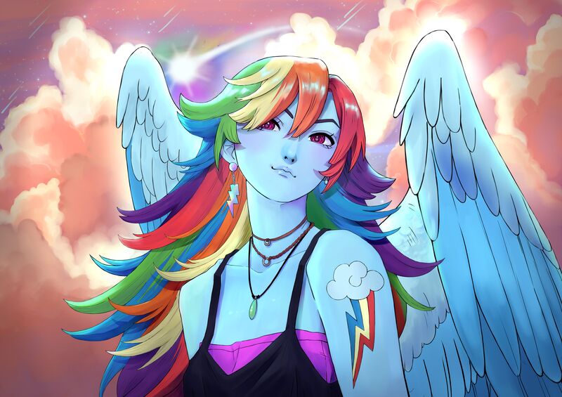 Size: 8598x6071 | Tagged: safe, artist:shinywatermelon, derpibooru import, rainbow dash, human, alternative cutie mark placement, bust, clothes, cutie mark accessory, cutie mark on human, dawn, female, g4, hand on face, humanized, image, jewelry, jpeg, long hair, necklace, pony coloring, portrait, shooting star, shoulder cutie mark, sky, solo, tanktop, tongue out