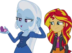 Size: 3426x2520 | Tagged: safe, derpibooru import, edit, edited screencap, editor:homersimpson1983, screencap, sunset shimmer, trixie, human, equestria girls, rainbow rocks, background removed, clothes, female, g4, image, jacket, lesbian, not a vector, png, shipping, shirt, skirt, suntrix